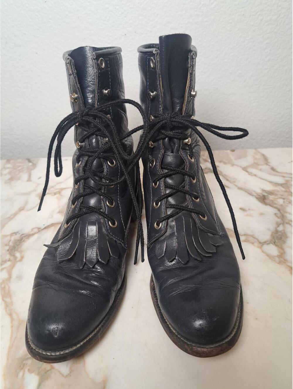 VTG Justin Lace Up Roper Boots Women 6.5 B Black Leather Kiltie Western